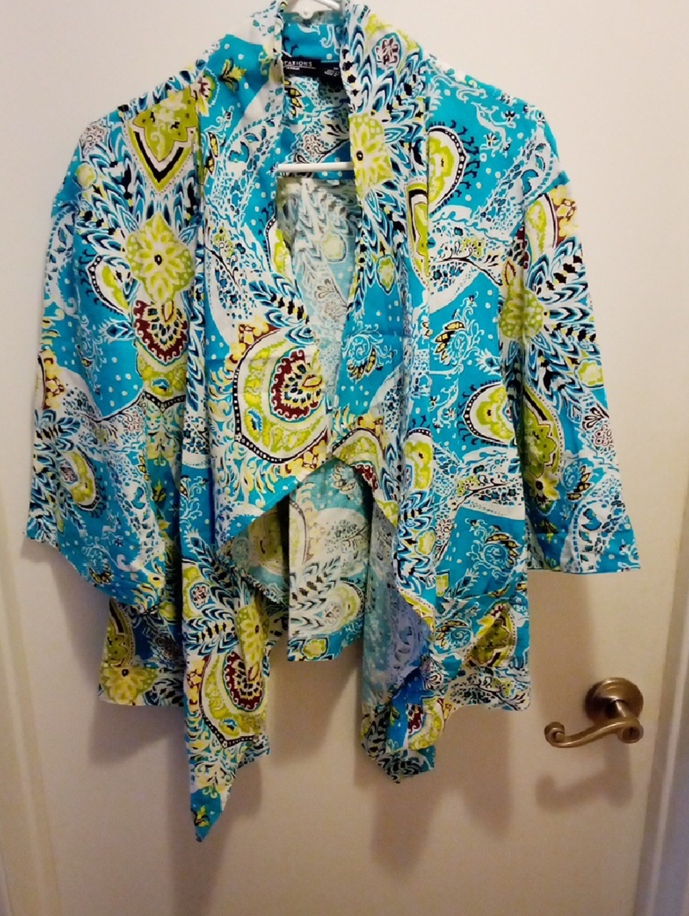 Notations Woman Turquoise Lime Paisley Open-Front Top